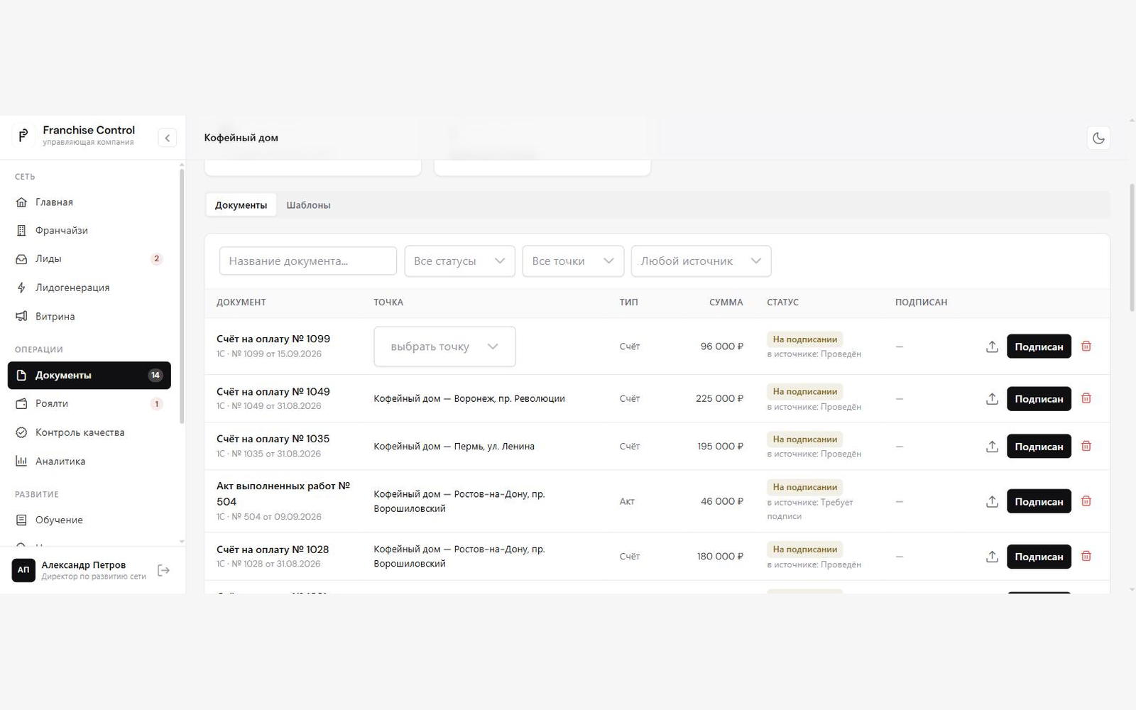 Документы из 1С, разложенные по точкам сети